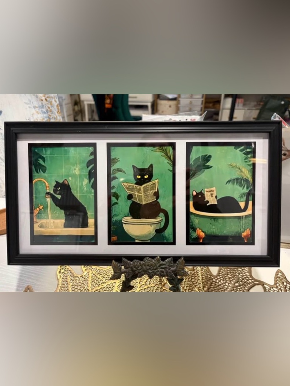 Framed Black Cat Triptych Wall Art - Green Background 15x8